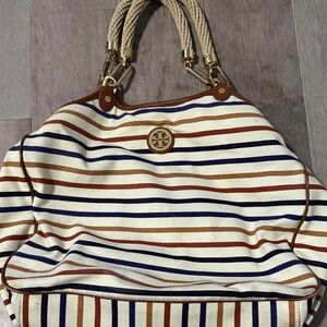 Tory Burch Navy and Brown Striped Tote
